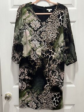 Cato V-Neck Midi Dress in Green, Black and Cream